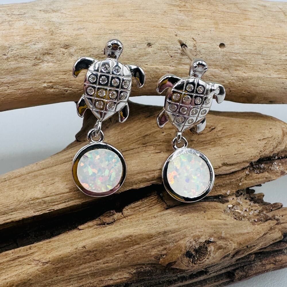Sterling Silver White Opal Sea Turtle Drop Earrings with White Topaz
